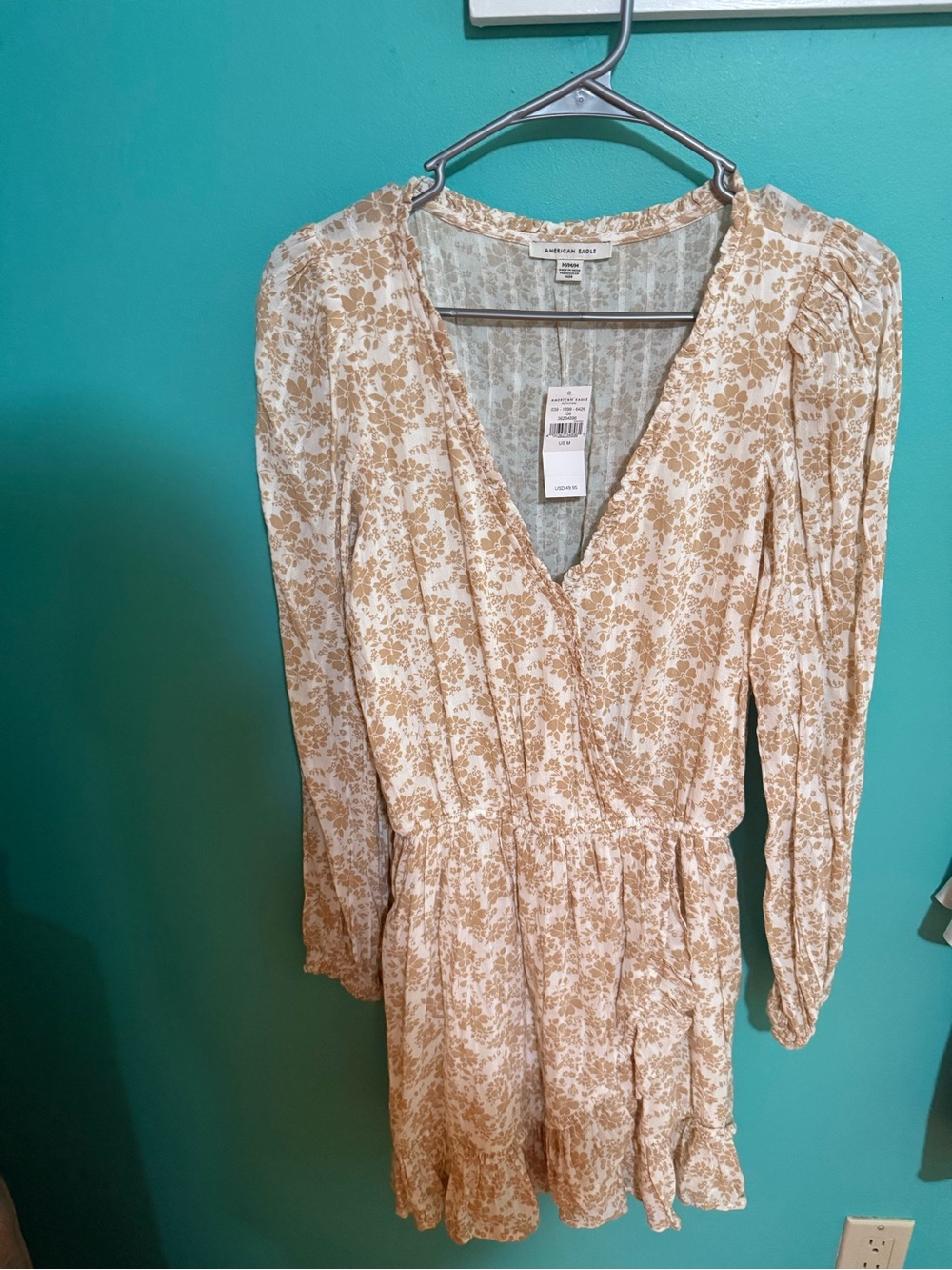 American Eagle Outfitters Cream and Tan Floral Long-Sleeve Wrap Dress